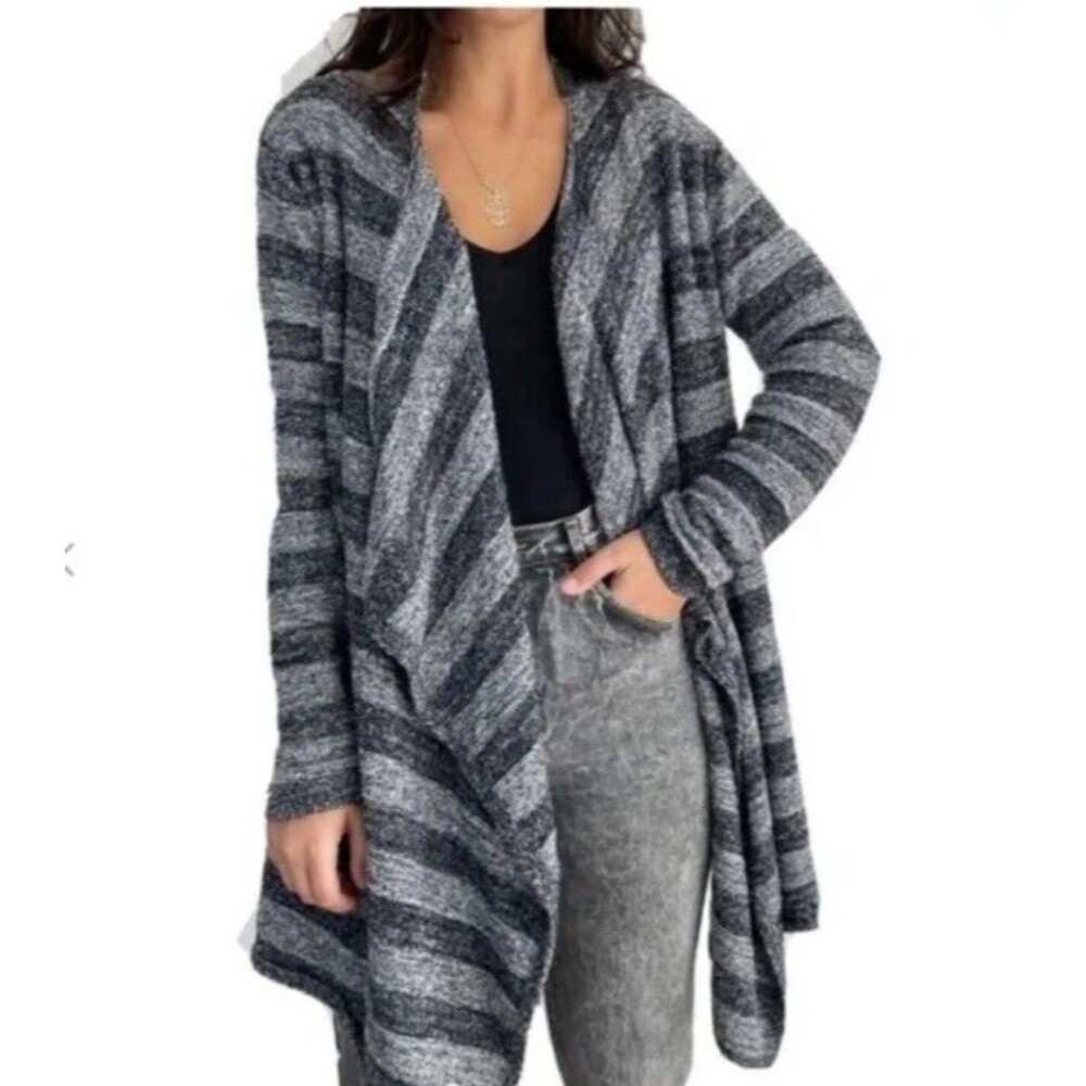 Barefoot Dreams Bamboo Chic Lite Blue Stripe Calypso Wrap Cardigan Sweater S/M